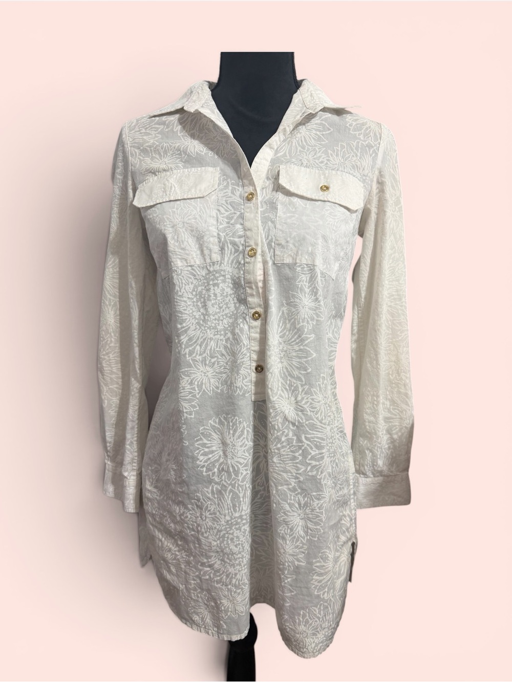 Lilly Pulitzer White Floral Button Tunic Cover Up Shirt Dress Size XS